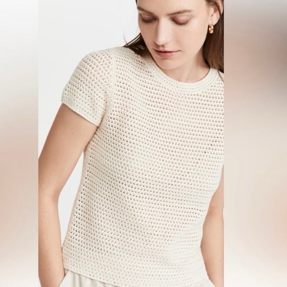 NWOT Vince Crochet Crewneck Top Womens M White Luxury Short Sleeve Capsule Piece